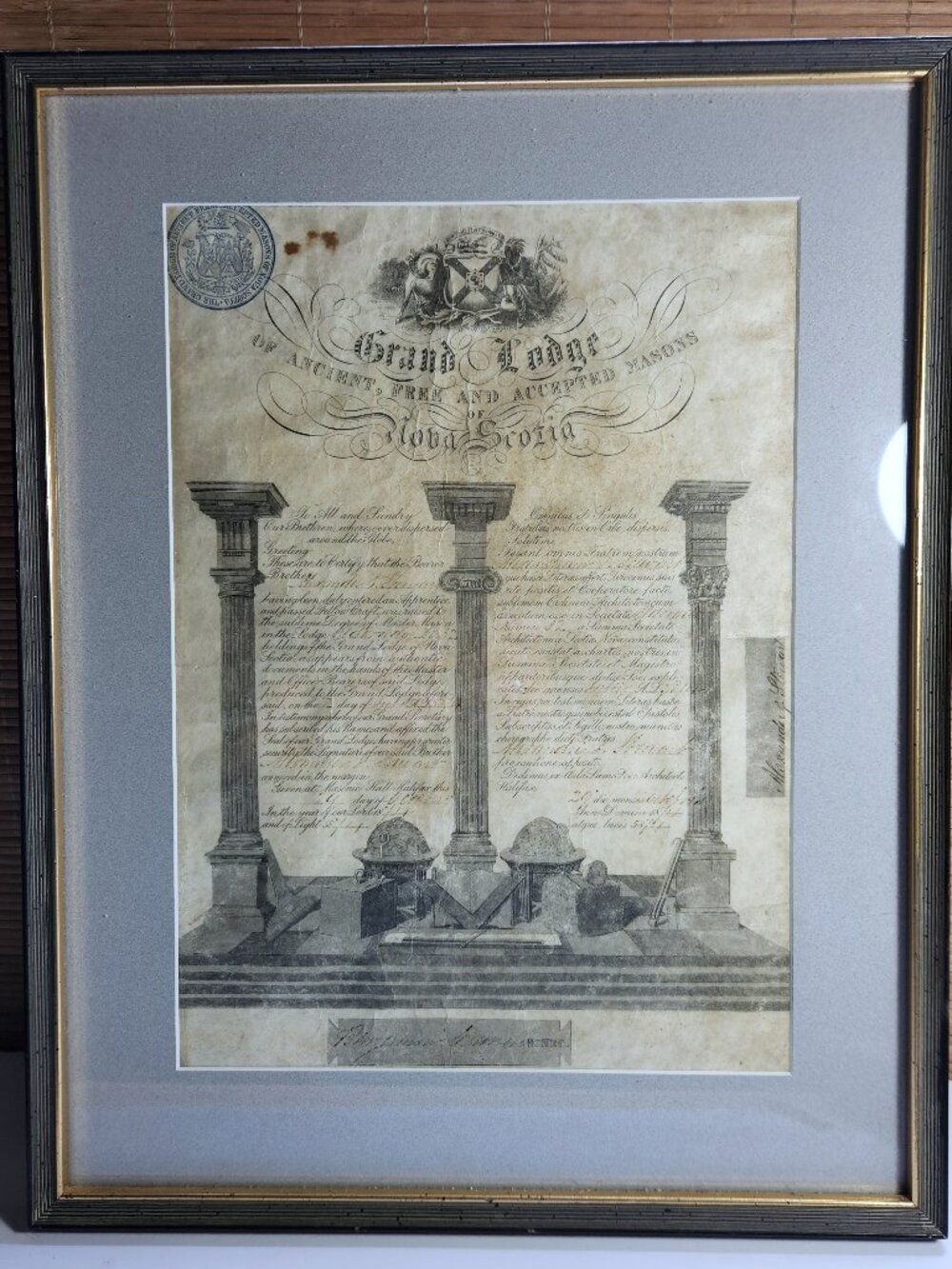 Grand Lodge Nova Scotia Antique Framed Vellum Masonic Certificate Baddeck Lodge